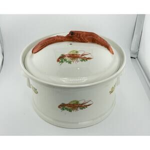RARE French Hand Painted Crock Dish Porcelaine de France Mid Century Seafood‎